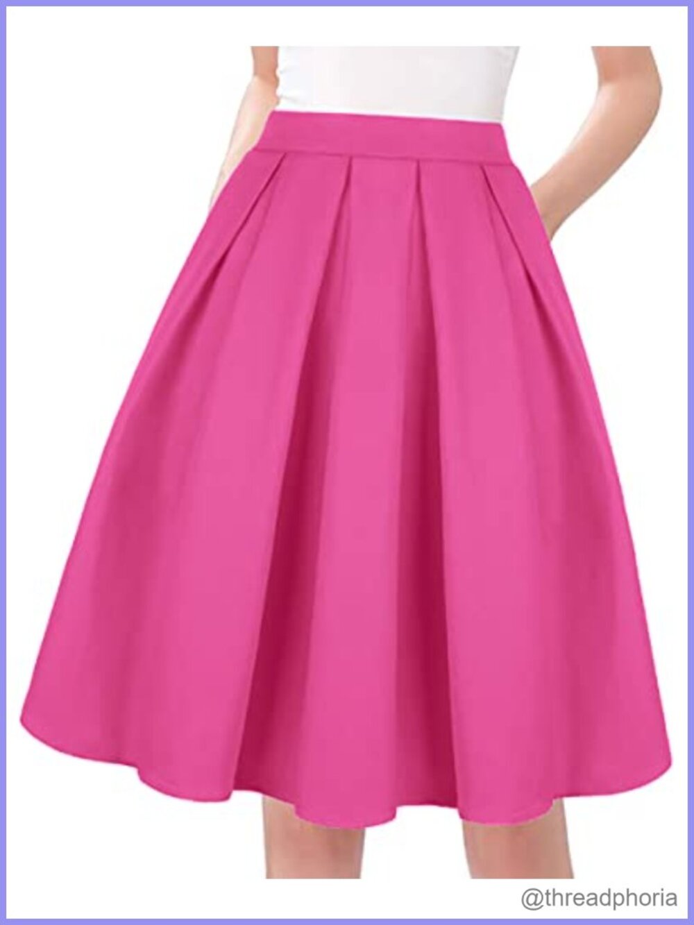 Cotton Blend High Waist Pleated A-Line Midi Skirt with Pockets